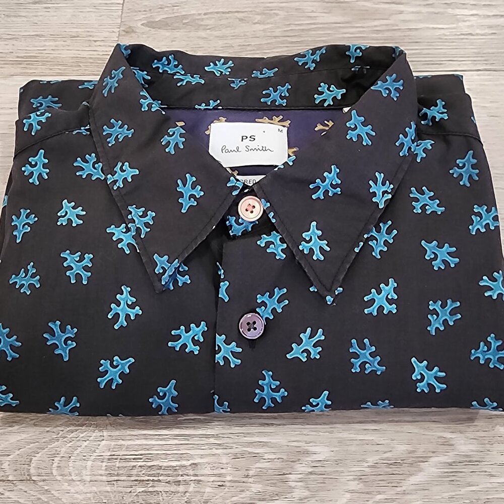Paul Smith Tailored Fit Organic Cotton Leaf Print Long Sleeve Shirt Men's Size M